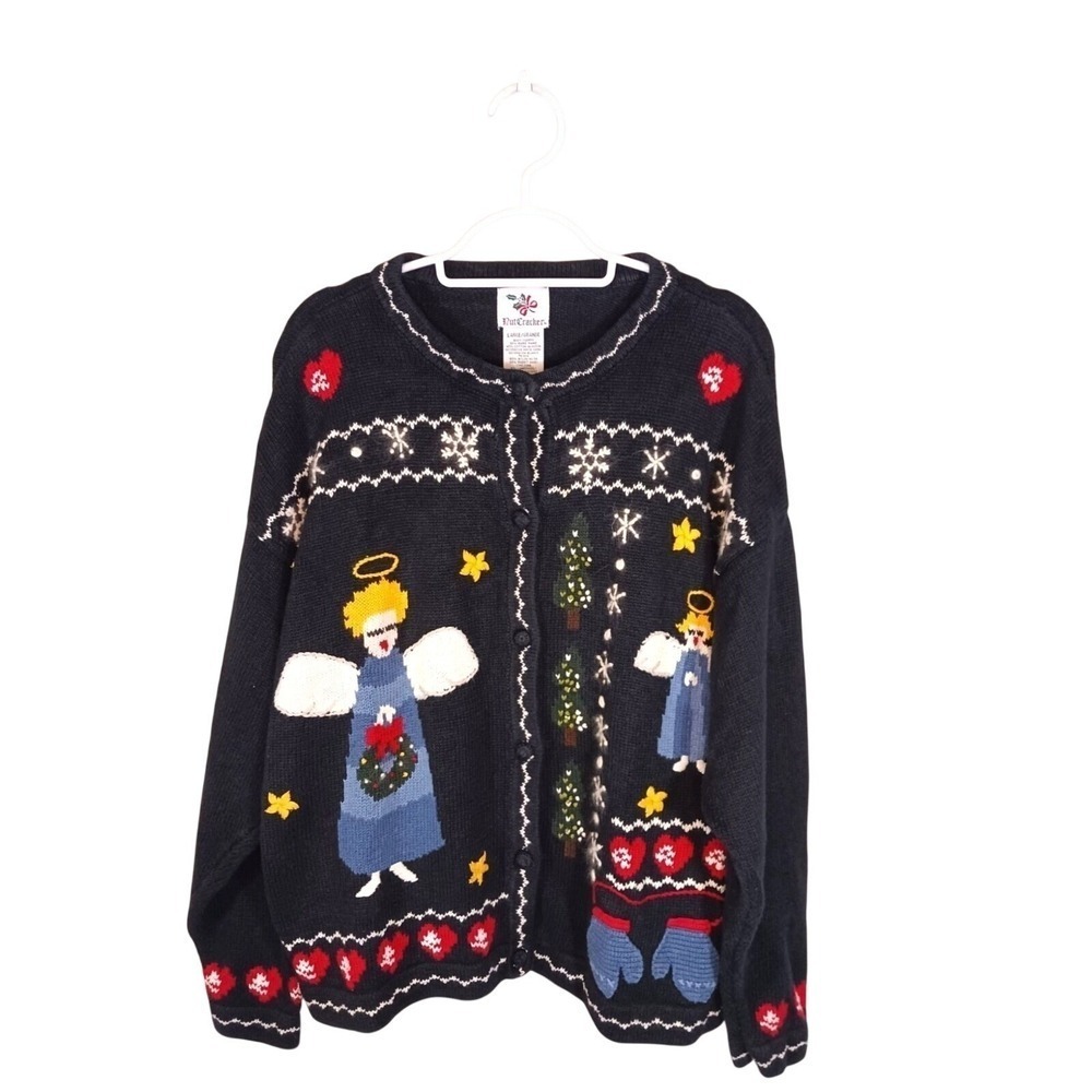 Vintage Angel Ugly Christmas Cardigan Sweater Women's L Ramie Rabbit Hair Knit